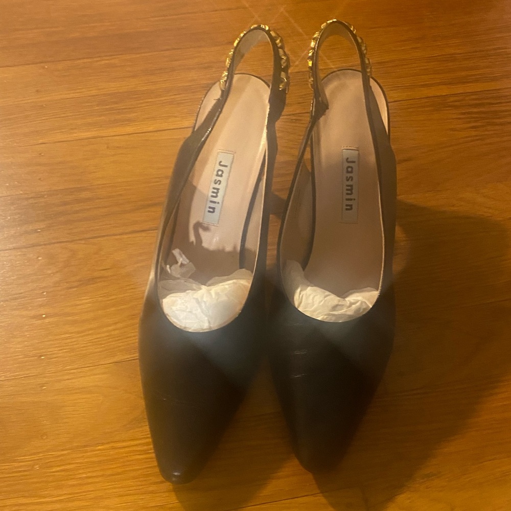 Black leather sling backs, size 10